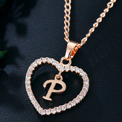 Luxury Crystal Heart Initial Letter Rose Gold Color Pendant Chain Necklace for Women Love Jewelry Accessories