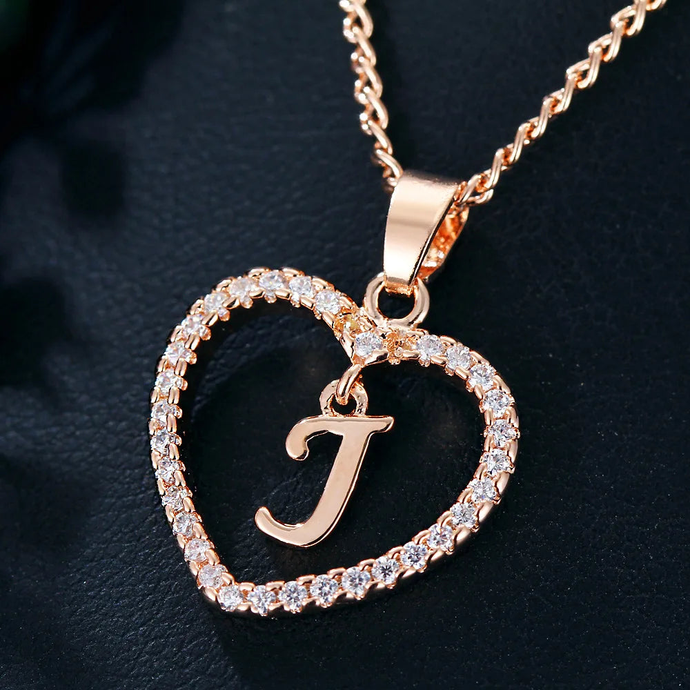 Luxury Crystal Heart Initial Letter Rose Gold Color Pendant Chain Necklace for Women Love Jewelry Accessories