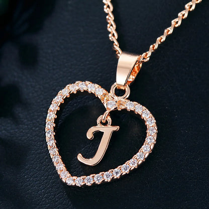 Luxury Crystal Heart Initial Letter Rose Gold Color Pendant Chain Necklace for Women Love Jewelry Accessories