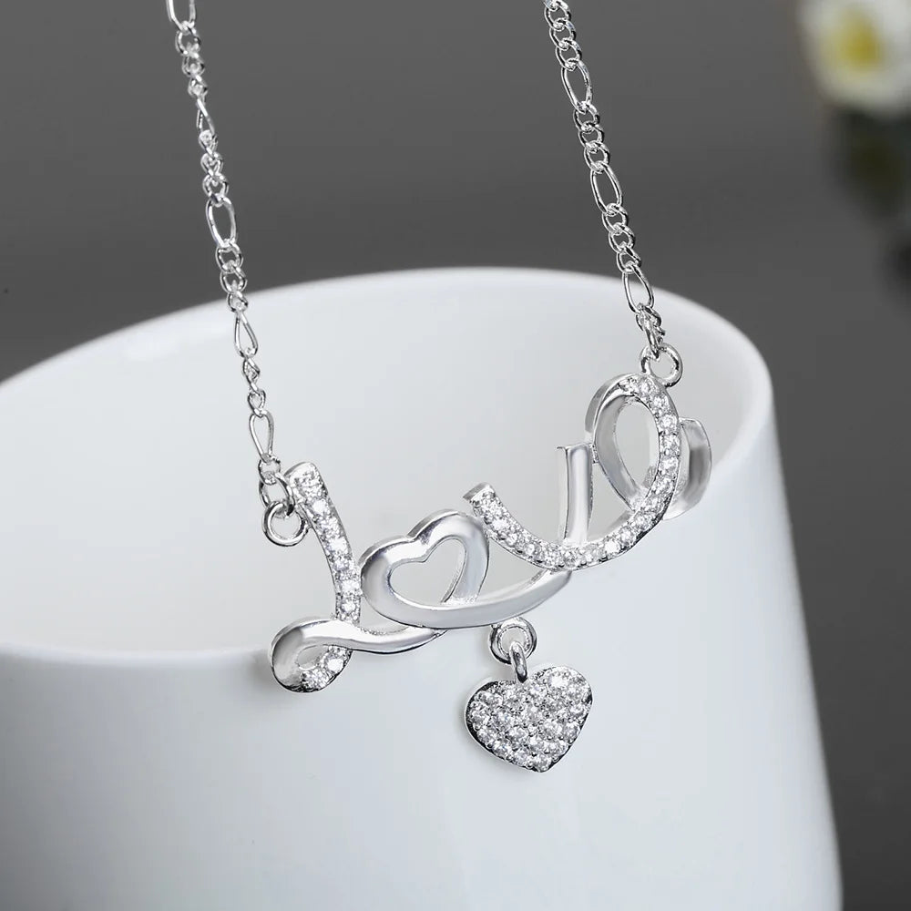 Dazzling Crystal Love Heart 925 Sterling Silver Pendant Necklace for Women Fine Charm Jewelry Accessories