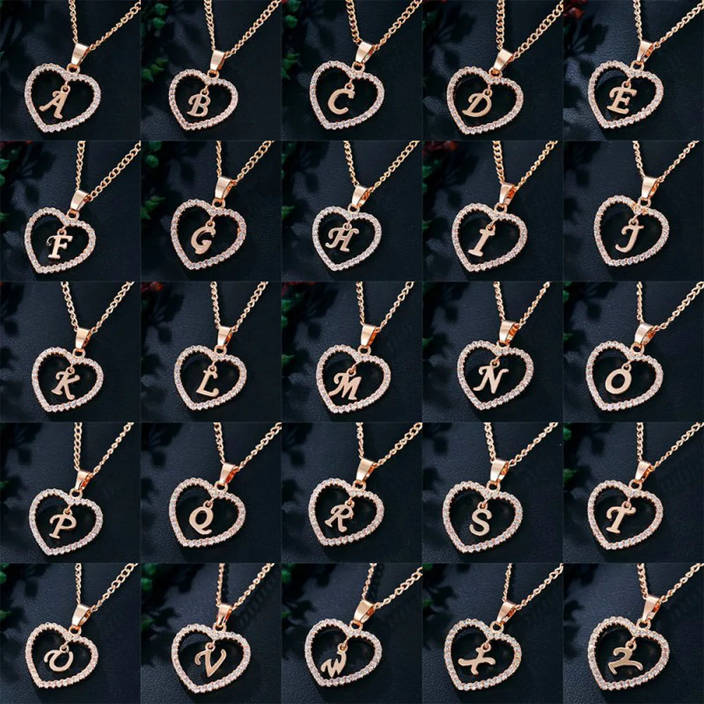 Luxury Crystal Heart Initial Letter Rose Gold Color Pendant Chain Necklace for Women Love Jewelry Accessories