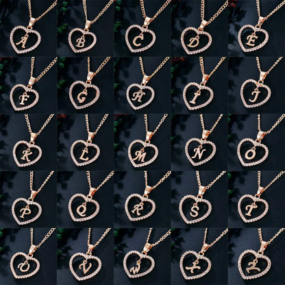 Luxury Crystal Heart Initial Letter Rose Gold Color Pendant Chain Necklace for Women Love Jewelry Accessories