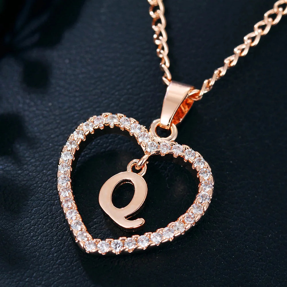 Luxury Crystal Heart Initial Letter Rose Gold Color Pendant Chain Necklace for Women Love Jewelry Accessories