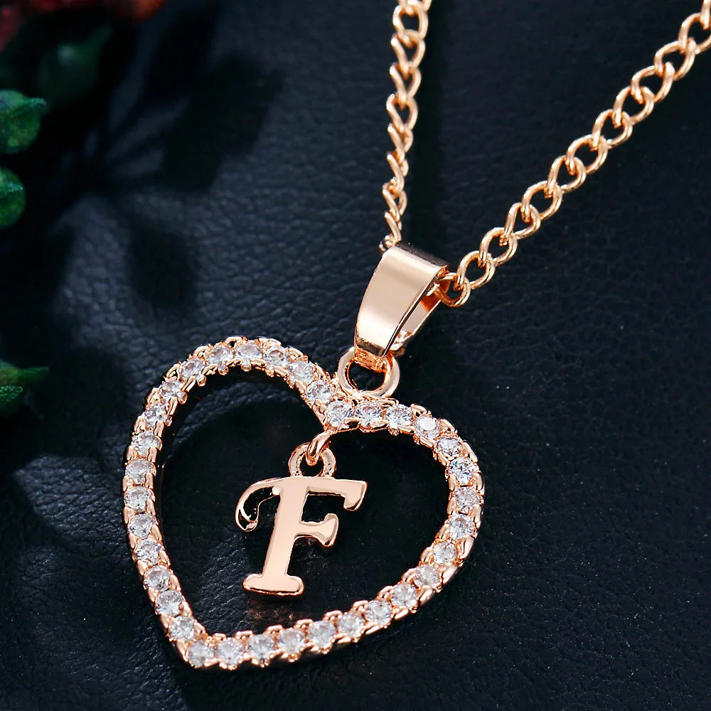 Luxury Crystal Heart Initial Letter Rose Gold Color Pendant Chain Necklace for Women Love Jewelry Accessories
