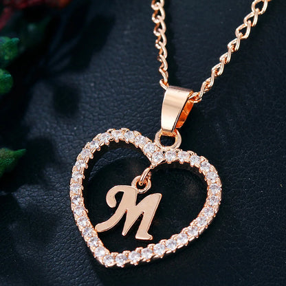 Luxury Crystal Heart Initial Letter Rose Gold Color Pendant Chain Necklace for Women Love Jewelry Accessories