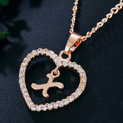 Luxury Crystal Heart Initial Letter Rose Gold Color Pendant Chain Necklace for Women Love Jewelry Accessories
