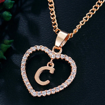 Luxury Crystal Heart Initial Letter Rose Gold Color Pendant Chain Necklace for Women Love Jewelry Accessories