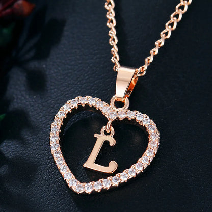 Luxury Crystal Heart Initial Letter Rose Gold Color Pendant Chain Necklace for Women Love Jewelry Accessories