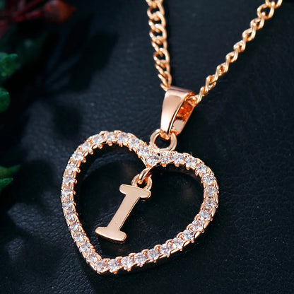 Luxury Crystal Heart Initial Letter Rose Gold Color Pendant Chain Necklace for Women Love Jewelry Accessories