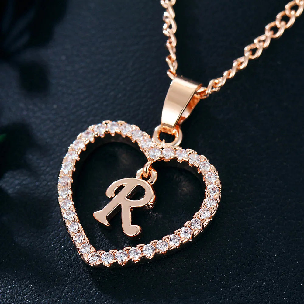 Luxury Crystal Heart Initial Letter Rose Gold Color Pendant Chain Necklace for Women Love Jewelry Accessories