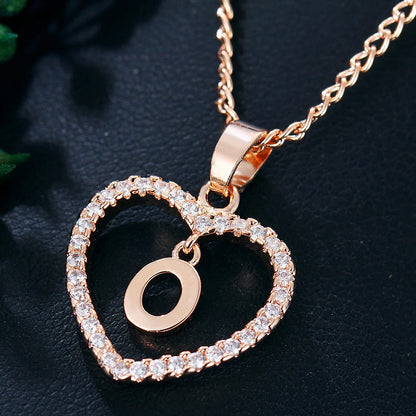 Luxury Crystal Heart Initial Letter Rose Gold Color Pendant Chain Necklace for Women Love Jewelry Accessories