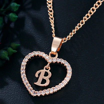 Luxury Crystal Heart Initial Letter Rose Gold Color Pendant Chain Necklace for Women Love Jewelry Accessories