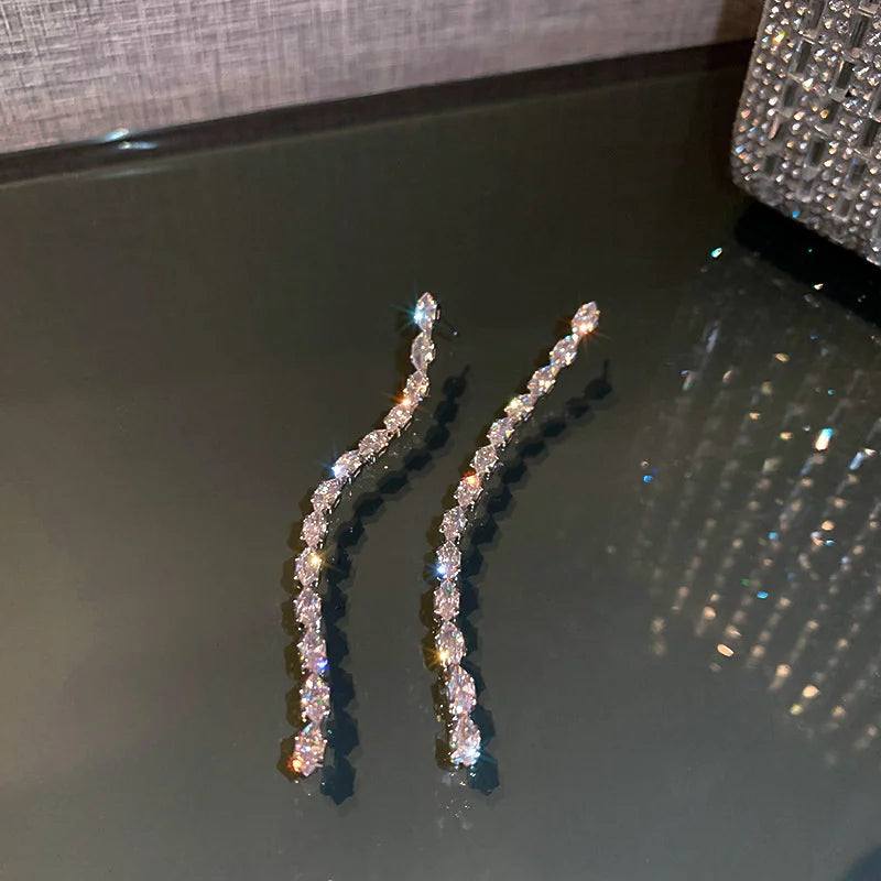 Long Tassel Dangle Crystal Earrings for Women Girls Gold Silver Color Elegant Zircon Jewelry