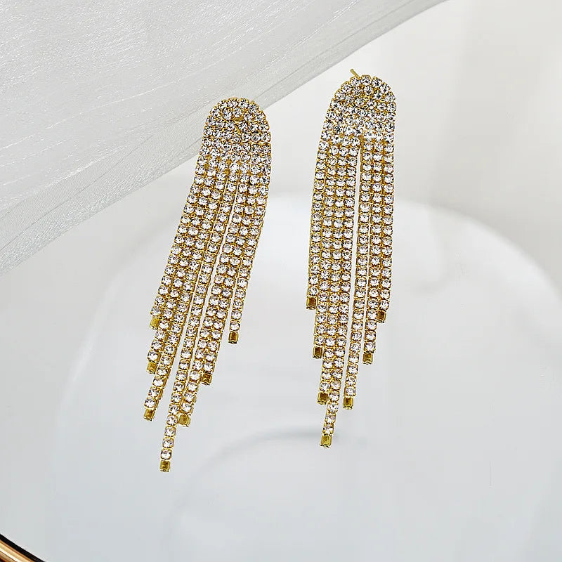 Rhinestone Long Tassel Drop Earrings for Women Girls Silver Gold Black Color Dangle Earrings Jewelry