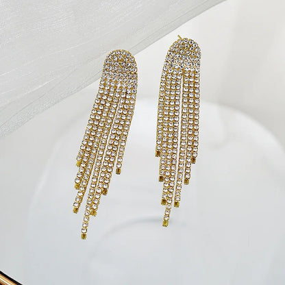 Rhinestone Long Tassel Drop Earrings for Women Girls Silver Gold Black Color Dangle Earrings Jewelry