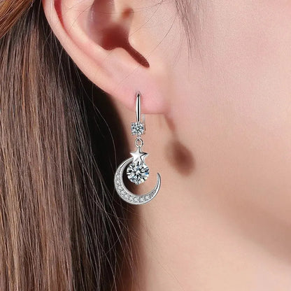 Elegant Crystal Star Moon 925 Sterling Silver Drop Dangle Earrings for Women Fashion Trendy Jewelry Accessories