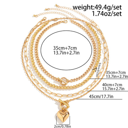 Modern Punk Gold Silver Color Pendant Necklaces for Women Girls Heart Buckle Beaded Choker 4pcs Set Chain Jewelry