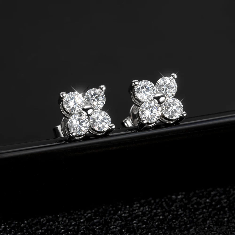 Stylish Moissanite Flower Stud Earrings for Women Girls 4 Round Stones VVS1 Quality S925 Sterling Silver Jewelry
