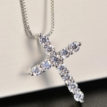 Luxury 925 Sterling Silver Crystal Cross Pendant Necklace for Women and Men Shiny Classic Fashion Jewelry Accessories