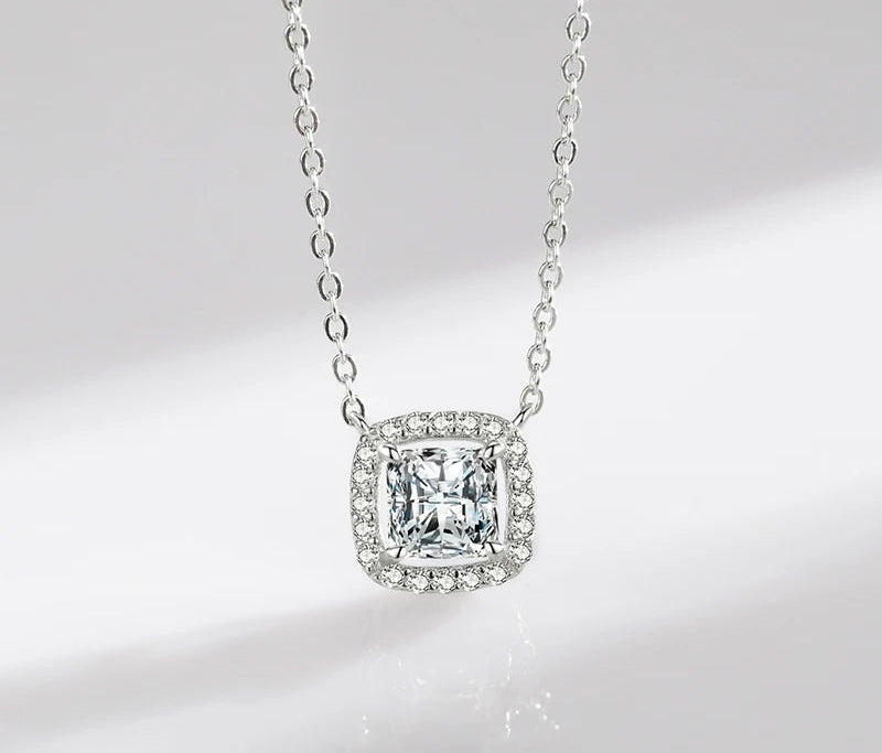Luxurious Square Crystal 925 Sterling Silver Shiny Pendant Chain Necklace for Women Fine Jewelry Charm