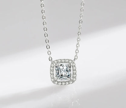 Luxurious Square Crystal 925 Sterling Silver Shiny Pendant Chain Necklace for Women Fine Jewelry Charm