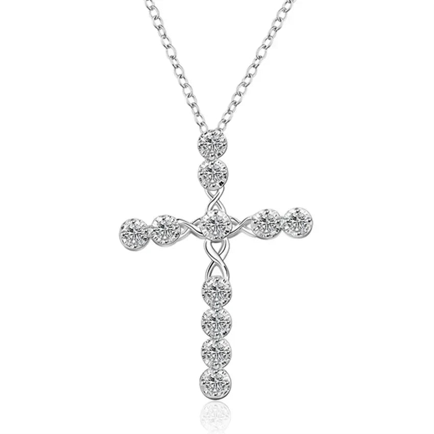 Luxurious Crystal Cross 925 Sterling Silver Necklace for Women Noble Charm Fashion Jewelry
