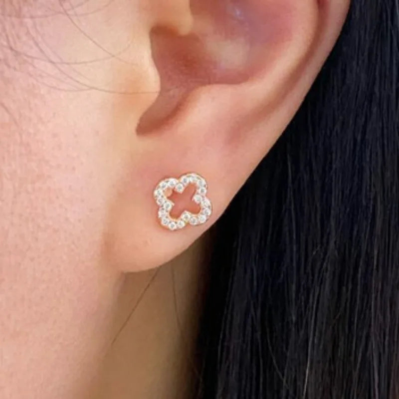 Exquisite Crystal Four Leaf Clover 925 Sterling Silver Stud Earrings for Women Fine Jewelry Accessories