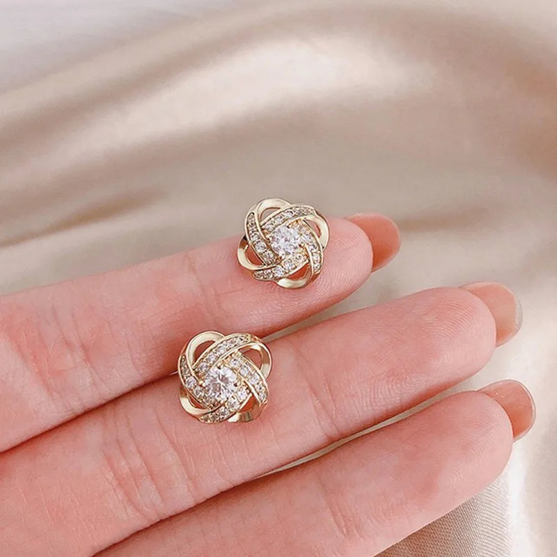 Luxury Celtic Knot Zircon Crystals Stud Earrings Simple Cross Geometric Weave Hollow Exquisite Ear Jewelry Women Gifts
