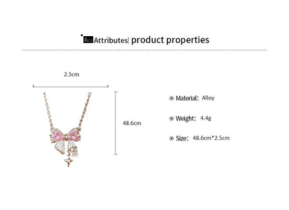 Elegant Pink Bow and Star Crystal Pendant Necklace for Women Fashion Sparkling Rhinestone Clavicle Chain Jewelry Accessories