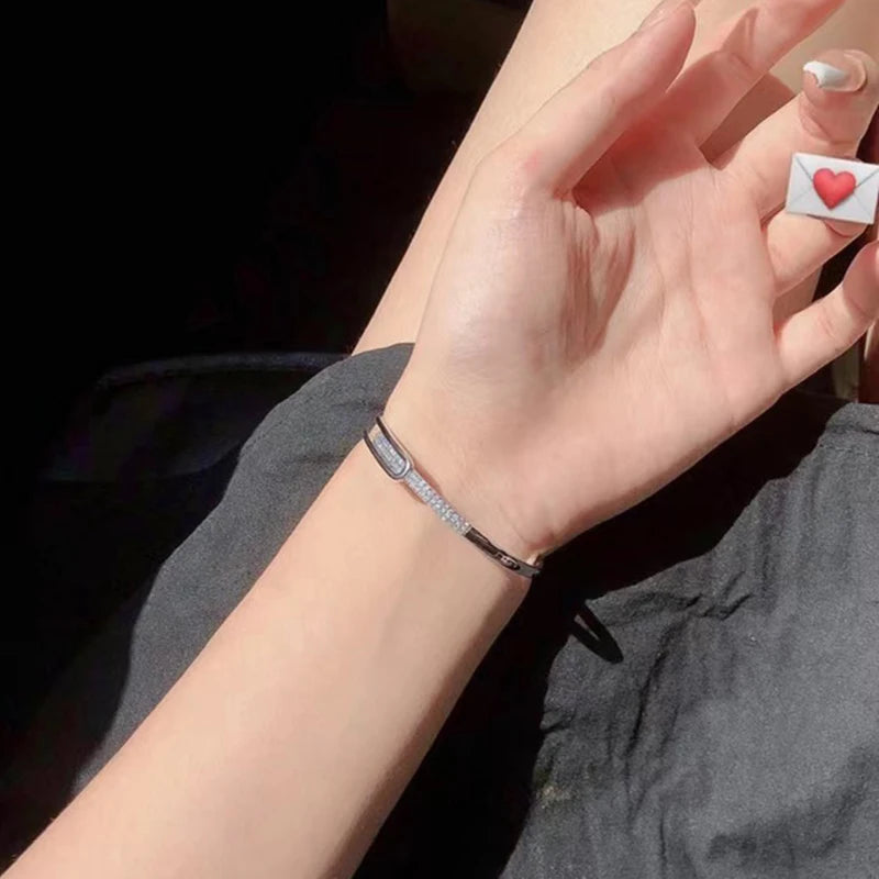 Luxury Crystal 925 Sterling Silver Inline Opening Bracelet Bangle for Women Glamorous Shiny Fashion Jewelry