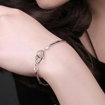 Lavish Crystal Double Heart 925 Sterling Silver Bracelets Bangles for Women Fine Accessories Jewelry