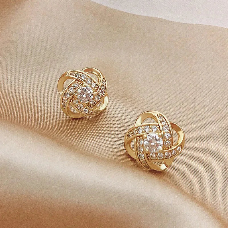 Luxury Celtic Knot Zircon Crystals Stud Earrings Simple Cross Geometric Weave Hollow Exquisite Ear Jewelry Women Gifts
