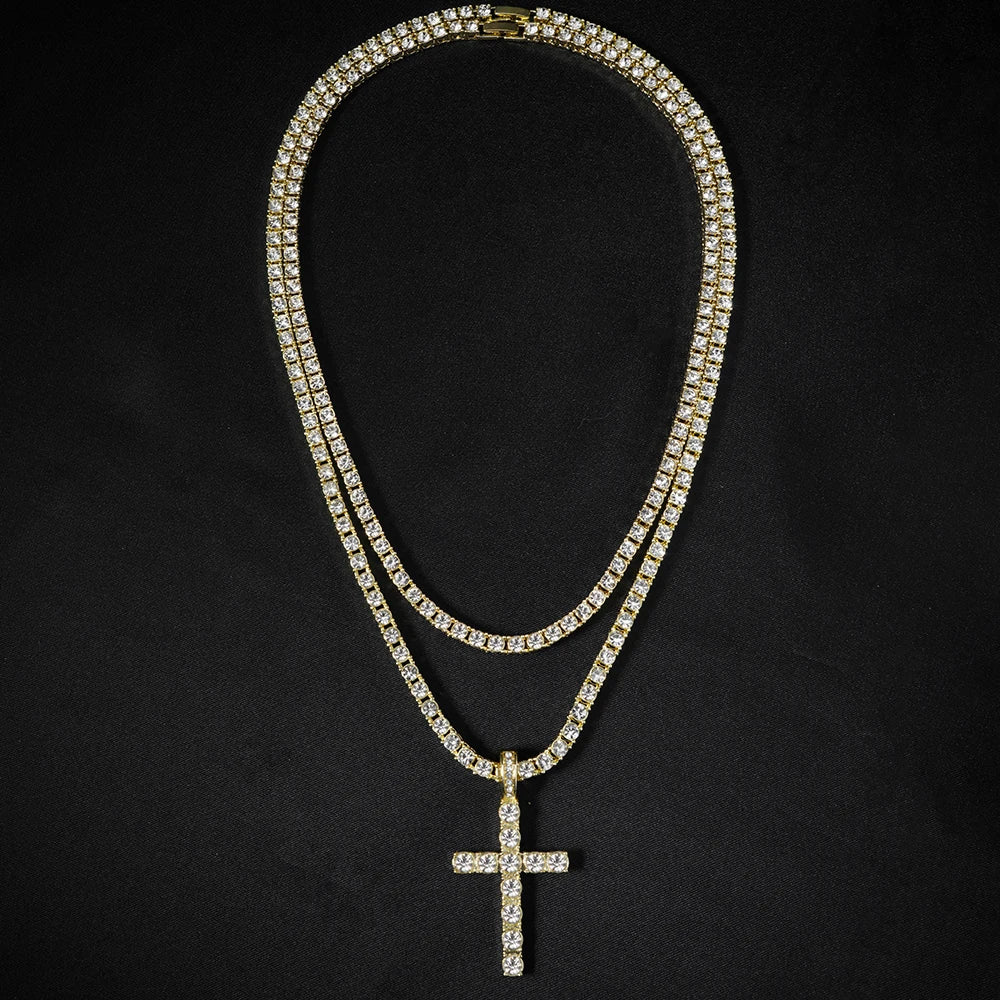 Fashion Iced Out Silver Gold Color Cross Pendant and Necklace for Men Women 4mm Tennis 3mm Rope Chain Bling Zircon Jewelry