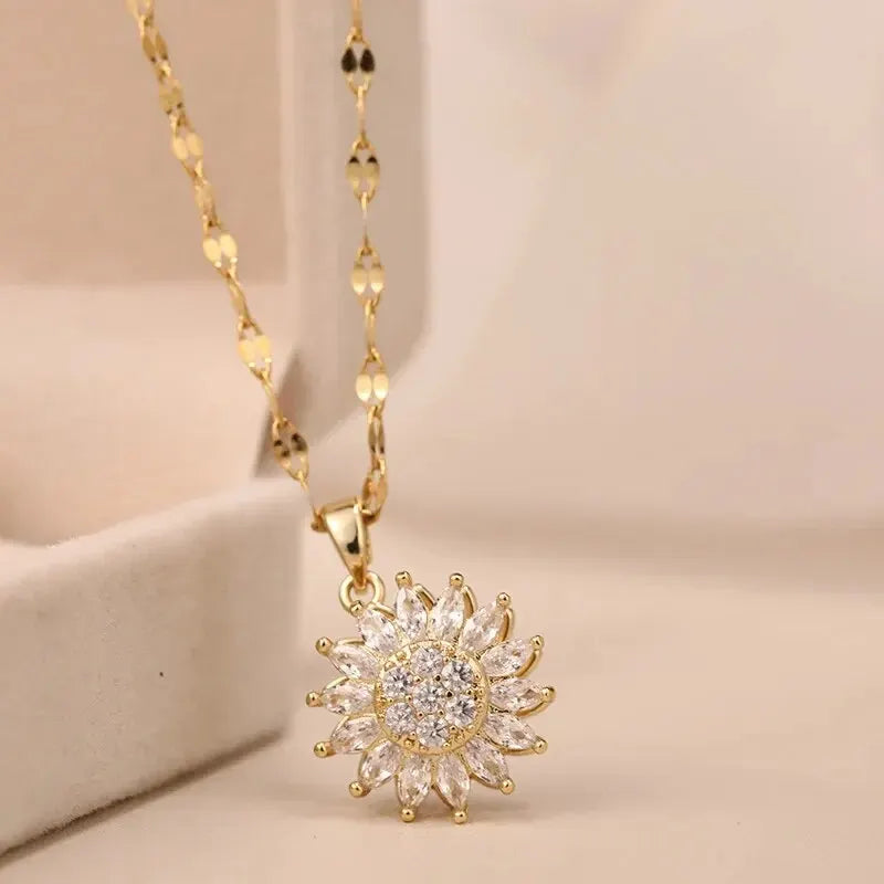 Rotating Sunflower Crystals Pendant Necklaces For Women Girls Gold Color Alloy Chain Cubic Zirconia Jewelry Accessories