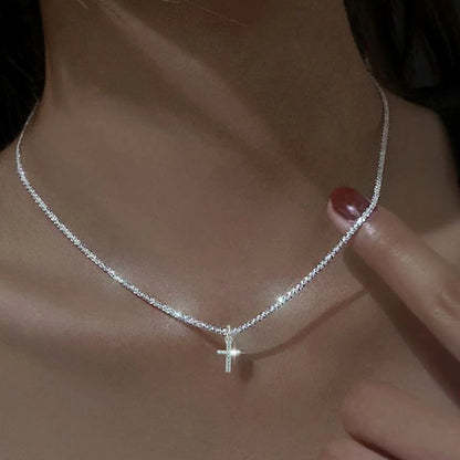 Luxury Crystal Cross 925 Sterling Silver Pendant Necklace for Women Choker Fine Jewelry Accessories