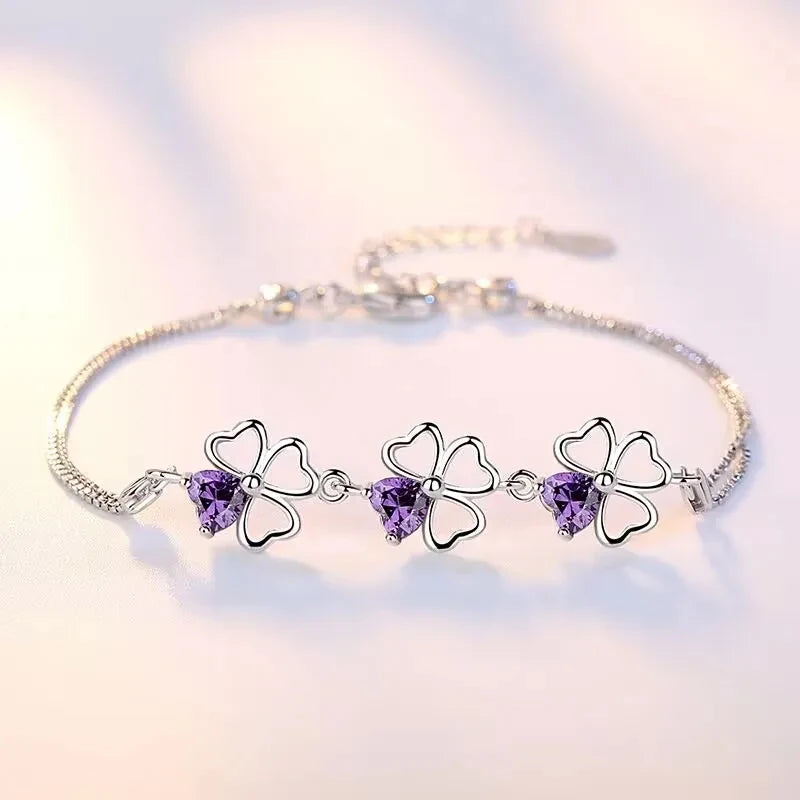 Purple Crystal Lucky Four Leaf Clover 925 Sterling Silver Bracelets for Women Fine Accessories Jewelry