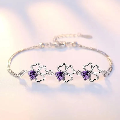 Purple Crystal Lucky Four Leaf Clover 925 Sterling Silver Bracelets for Women Fine Accessories Jewelry