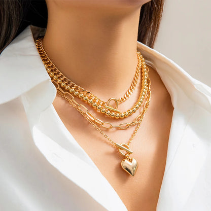 Modern Punk Gold Silver Color Pendant Necklaces for Women Girls Heart Buckle Beaded Choker 4pcs Set Chain Jewelry