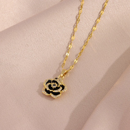 Modern Luxurious Black Rose Crystal Pendant Stainless Steel Necklaces and Earrings for Women Fashion Trendy Jewelry Accessories