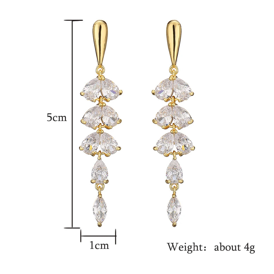 Luxury Leaf Flower Crystal Tassel Earrings for Women Girls Fashion Clear Zirconia Jewelry