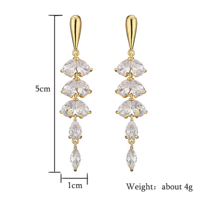 Luxury Leaf Flower Crystal Tassel Earrings for Women Girls Fashion Clear Zirconia Jewelry