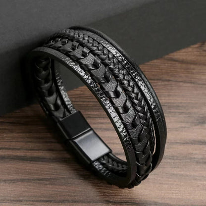 Multi Layer Vintage Leather Braided Rope Bracelets for Men Alloy Magnetic Buckle High Quality Fashion Accessory
