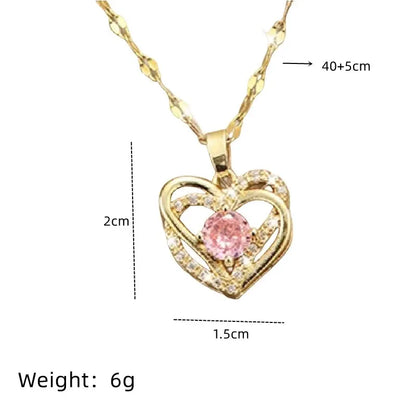 Luxury Crystal Love Heart Gold Plated Stainless Steel Chain Pendant Necklace for Women Jewelry Accessories