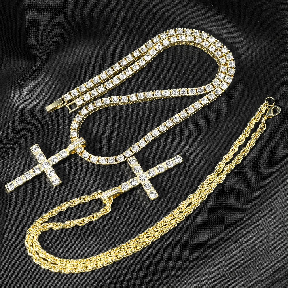 Fashion Iced Out Silver Gold Color Cross Pendant and Necklace for Men Women 4mm Tennis 3mm Rope Chain Bling Zircon Jewelry
