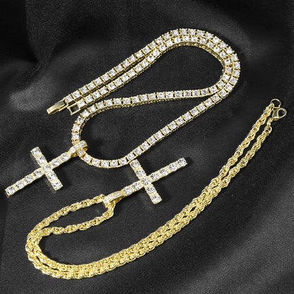 Fashion Iced Out Silver Gold Color Cross Pendant and Necklace for Men Women 4mm Tennis 3mm Rope Chain Bling Zircon Jewelry