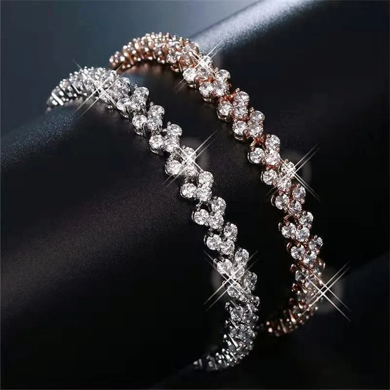 Modern Luxury Roman Crystal Heart Chain Bracelets for Women Shiny Bangle Silver Gold Rose Gold Jewelry Accessories