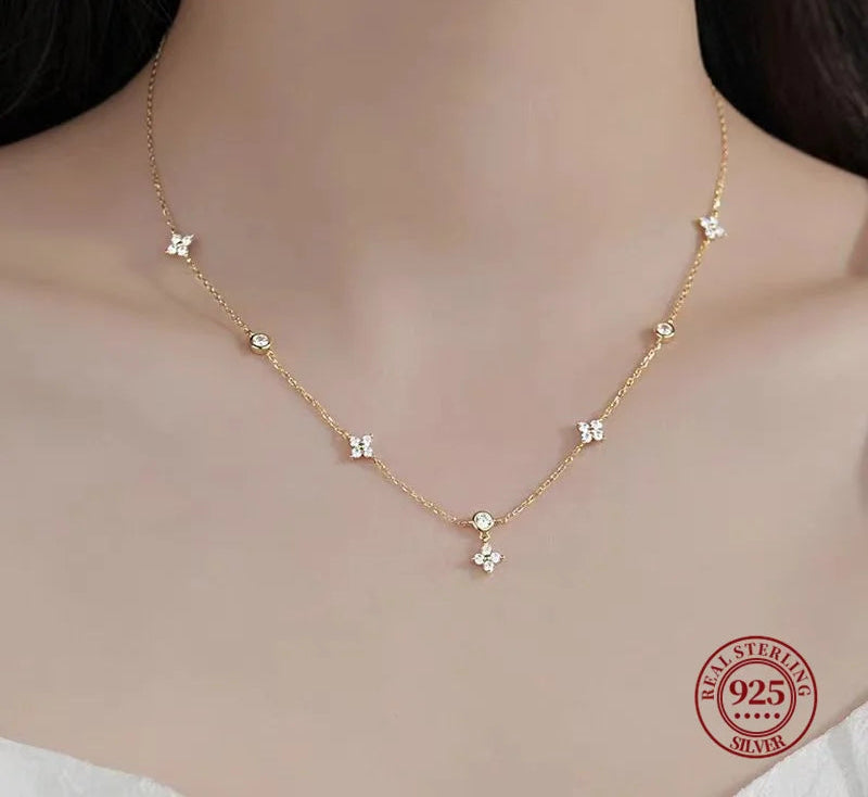 Exquisite Crystal Clover Flowers 925 Sterling Silver Chain Necklaces for Women White Gold Plated Fancy Jewelry Accessories