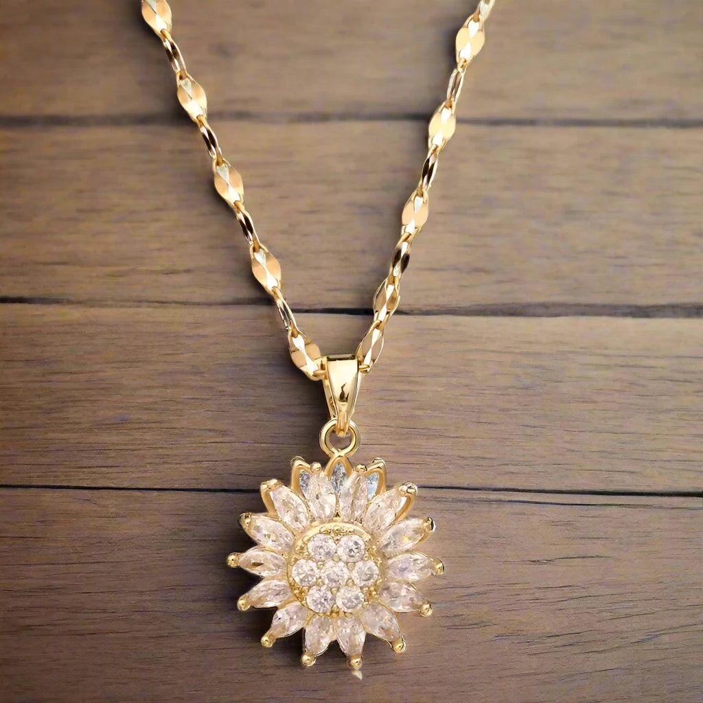 Rotating Sunflower Crystals Pendant Necklaces For Women Girls Gold Color Alloy Chain Cubic Zirconia Jewelry Accessories