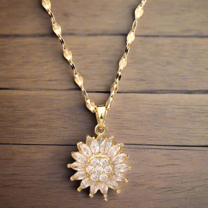 Rotating Sunflower Crystals Pendant Necklaces For Women Girls Gold Color Alloy Chain Cubic Zirconia Jewelry Accessories