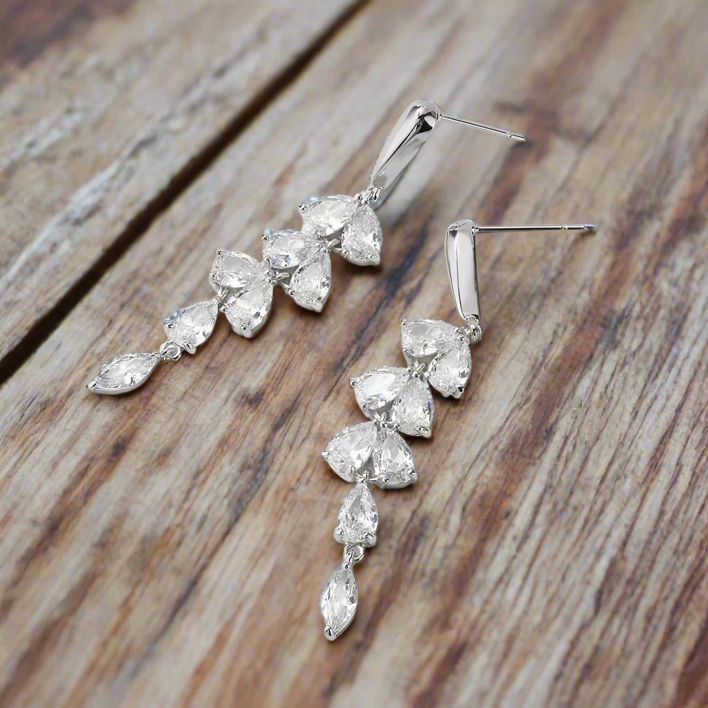 Luxury Leaf Flower Crystal Tassel Earrings for Women Girls Fashion Clear Zirconia Jewelry